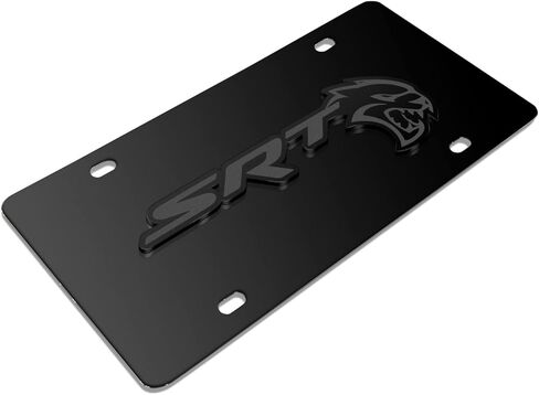 صورة iPick لشعار Dodge SRT Hellcat ثلاثي الأبعاد باللون الرمادي الداكن على لوحة ترخيص سوداء من الفولاذ المقاوم للصدأ - مرخصة رسميًا in Saudi Arabia