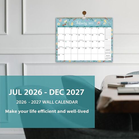 التقويم 2026-2027 - تقويم الحائط 2026-2027، يوليو 2026 - ديسمبر 2027، 11.6 بوصة × 14.8 بوصة، تقويم حائط لمدة 18 شهرًا مع ربط مزدوج السلك، تواريخ جوليان، المهام والملاحظات، ورق سميك، مثالي للتنظيم - الأزهار in Kuwait