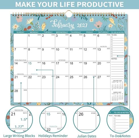 التقويم 2026-2027 - تقويم الحائط 2026-2027، يوليو 2026 - ديسمبر 2027، 11.6 بوصة × 14.8 بوصة، تقويم حائط لمدة 18 شهرًا مع ربط مزدوج السلك، تواريخ جوليان، المهام والملاحظات، ورق سميك، مثالي للتنظيم - الأزهار in Kuwait