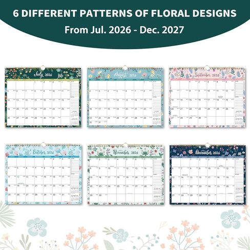 التقويم 2026-2027 - تقويم الحائط 2026-2027، يوليو 2026 - ديسمبر 2027، 11.6 بوصة × 14.8 بوصة، تقويم حائط لمدة 18 شهرًا مع ربط مزدوج السلك، تواريخ جوليان، المهام والملاحظات، ورق سميك، مثالي للتنظيم - الأزهار in Kuwait