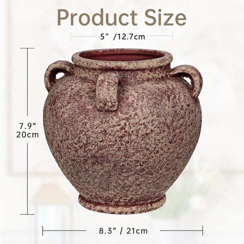 Rustic Ceramic Vase with Handles – Antique-Style Beige Farmhouse Pottery Decorative Urn for Table Centerpiece, Mantel, Shelf, or Entryway Home Décor in Saudi Arabia