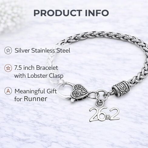 26.2 Marathon Runner Bracelet for Women – Silver Stainless Steel Chain Bracelet with Lobster Clasp, 26.2 Race Distance Charm, Running Jewelry Gift for Marathon Runners in Saudi Arabia