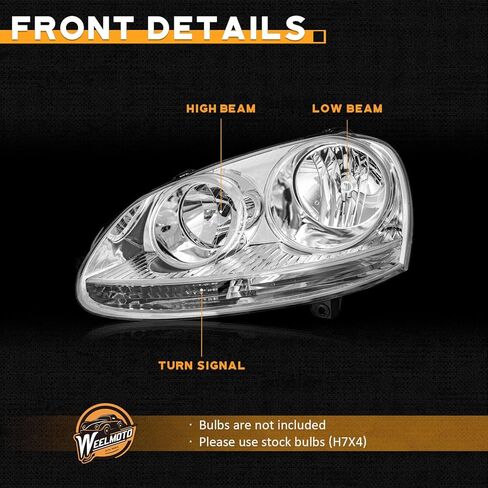 WEELMOTO for 2005-2010 Volkswagen Jetta Sedan Headlight Compatible with 2006-2009 Volkswagen GTI/Rabbit Headlamp DOES NOT FIT XENON/HID Chrome Housing in Saudi Arabia
