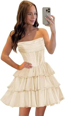 فساتين حفلات العودة للوطن من الشيفون ذات ترتر براقة وكشكشة متدرجة 2026 على شكل حرف a بدون حمالات ومشد قصير للحفلات الراقصة KN104 in Saudi Arabia