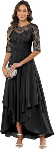 Tea Length Mother of The Bride Dresses for Women Chiffon Lace Appliques Formal Wedding Guest Dresses with Sleeves in Kuwait