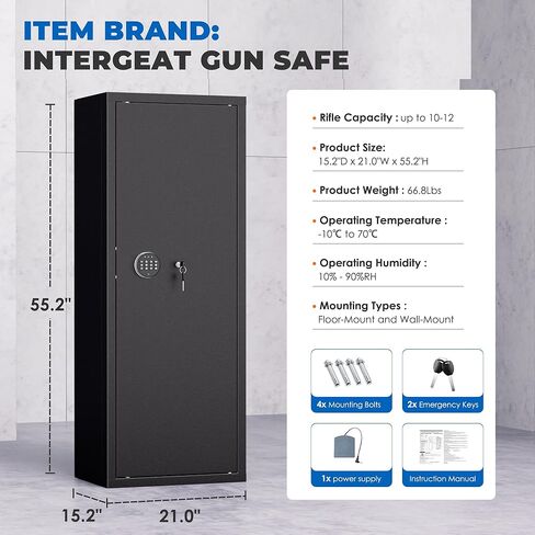 10-14 Gun Safe, Large Gun Safe for Home Rifle and Pistol, Quick Release Fireproof Gun Cabinet, Locking Gun Safe with Removable Shelves and Pockets in Kuwait