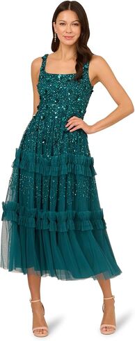 Adrianna Papell Sleeveless Floral Beaded Ruffle Midi Dress in Saudi Arabia