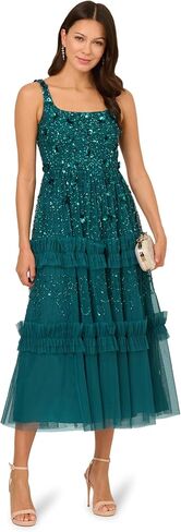 Adrianna Papell Sleeveless Floral Beaded Ruffle Midi Dress in Saudi Arabia