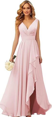 Chiffon Bridesmaid Dresses Long V Neck Ruffle Pleated Formal Evening Dress with Slit in Kuwait