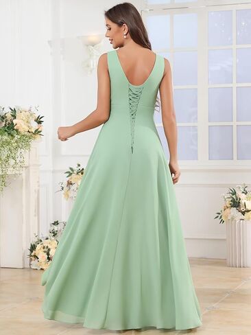 Chiffon Bridesmaid Dresses Long V Neck Ruffle Pleated Formal Evening Dress with Slit in Kuwait