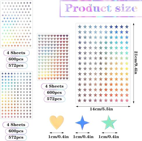 1800PCS Heart and Star Holographic Stickers, 12 Sheets Sparkle Star Stickers for Scrapbooking, DIY Crafts, Phone Decoration in Saudi Arabia