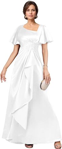 Flutter Sleeve Ruffle Satin Mother of The Bride Dresses Pleated Beading Formal Evening Gowns with Pockets in Kuwait