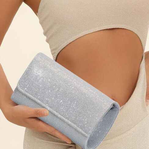 Silver Sparkling Evening Clutch for Women-Rhinestone Party Handbag with Magnetic Closure,Elegant Purse with Delicate Chain for Weddings and Special Events in Saudi Arabia