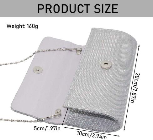 Silver Sparkling Evening Clutch for Women-Rhinestone Party Handbag with Magnetic Closure,Elegant Purse with Delicate Chain for Weddings and Special Events in Saudi Arabia