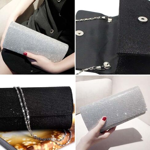 Silver Sparkling Evening Clutch for Women-Rhinestone Party Handbag with Magnetic Closure,Elegant Purse with Delicate Chain for Weddings and Special Events in Saudi Arabia