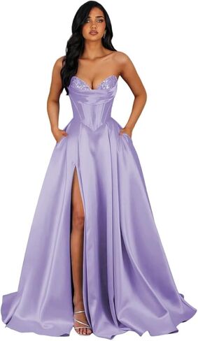 الساتان الترتر ألف خط حفلة موسيقية فساتين طويلة مشد حمالة مساء حزب رسمي اللباس الكرة ثوب مع جيوب الشق in Kuwait