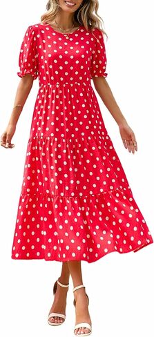 PRETTYGARDEN Summer Dresses for Women 2026 Casual Floral Boho Midi Sun Dress Puff Short Sleeve Flowy Beach Vacation Sundress in Saudi Arabia