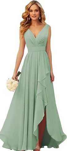 Chiffon Bridesmaid Dresses Long V Neck Ruffle Pleated Formal Evening Dress with Slit in Kuwait