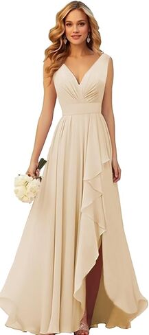 Chiffon Bridesmaid Dresses Long V Neck Ruffle Pleated Formal Evening Dress with Slit in Kuwait