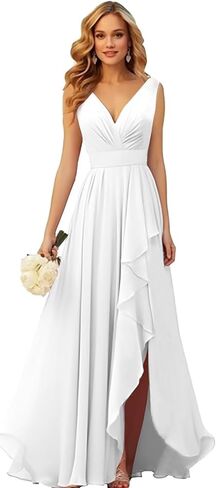 Chiffon Bridesmaid Dresses Long V Neck Ruffle Pleated Formal Evening Dress with Slit in Kuwait