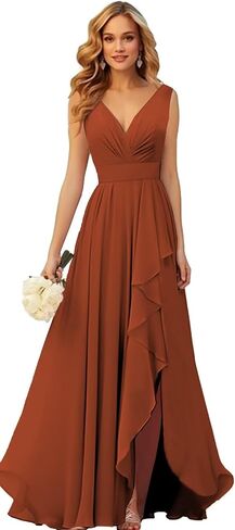 Chiffon Bridesmaid Dresses Long V Neck Ruffle Pleated Formal Evening Dress with Slit in Kuwait