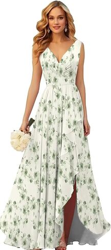 Chiffon Bridesmaid Dresses Long V Neck Ruffle Pleated Formal Evening Dress with Slit in Kuwait