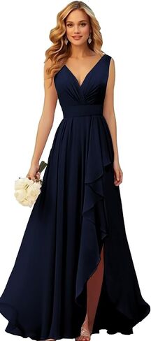 Chiffon Bridesmaid Dresses Long V Neck Ruffle Pleated Formal Evening Dress with Slit in Kuwait