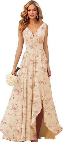 Chiffon Bridesmaid Dresses Long V Neck Ruffle Pleated Formal Evening Dress with Slit in Kuwait