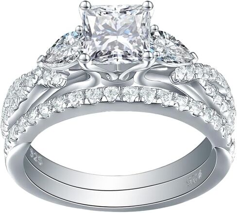 Moissanite Three Stone Engagement Ring, Princess Cut and Round Cut, Sterling Silver with 14k White Gold Plating, Criss Cross Shank, Size 4-13 in Saudi Arabia