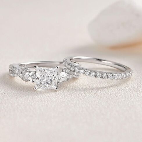 Moissanite Three Stone Engagement Ring, Princess Cut and Round Cut, Sterling Silver with 14k White Gold Plating, Criss Cross Shank, Size 4-13 in Saudi Arabia