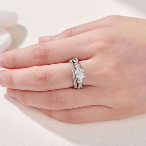 Moissanite Three Stone Engagement Ring, Princess Cut and Round Cut, Sterling Silver with 14k White Gold Plating, Criss Cross Shank, Size 4-13 in Saudi Arabia