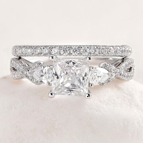 Moissanite Three Stone Engagement Ring, Princess Cut and Round Cut, Sterling Silver with 14k White Gold Plating, Criss Cross Shank, Size 4-13 in Saudi Arabia