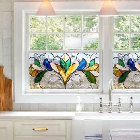 Privacy Window Film Stained Glass Decorative 39.3×17.7 Inchs Floral Window Clings PVC Anti-UV Sun Sticker Static Cling Sticker for Glass Door Home and Office Bedrooms in Saudi Arabia