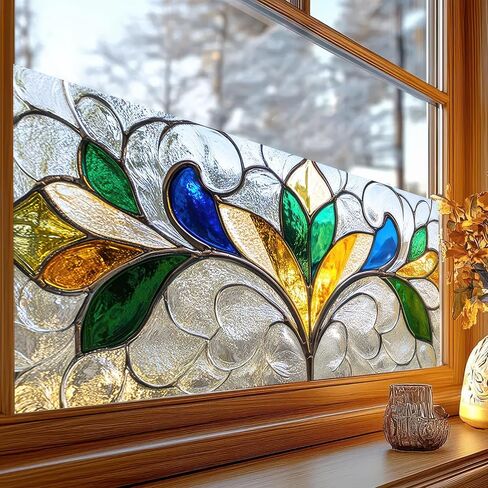 Privacy Window Film Stained Glass Decorative 39.3×17.7 Inchs Floral Window Clings PVC Anti-UV Sun Sticker Static Cling Sticker for Glass Door Home and Office Bedrooms in Saudi Arabia