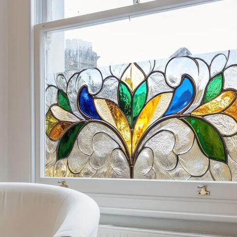 Privacy Window Film Stained Glass Decorative 39.3×17.7 Inchs Floral Window Clings PVC Anti-UV Sun Sticker Static Cling Sticker for Glass Door Home and Office Bedrooms in Saudi Arabia