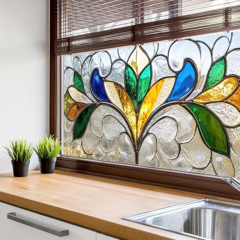 Privacy Window Film Stained Glass Decorative 39.3×17.7 Inchs Floral Window Clings PVC Anti-UV Sun Sticker Static Cling Sticker for Glass Door Home and Office Bedrooms in Saudi Arabia