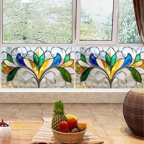 Privacy Window Film Stained Glass Decorative 39.3×17.7 Inchs Floral Window Clings PVC Anti-UV Sun Sticker Static Cling Sticker for Glass Door Home and Office Bedrooms in Saudi Arabia