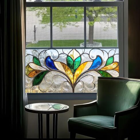 Privacy Window Film Stained Glass Decorative 39.3×17.7 Inchs Floral Window Clings PVC Anti-UV Sun Sticker Static Cling Sticker for Glass Door Home and Office Bedrooms in Saudi Arabia