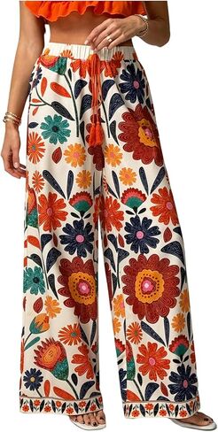 WDIRARA Women's Boho Floral Wide Leg Pants Beach Vacation Elastic Waist Palazzo Pants in Saudi Arabia