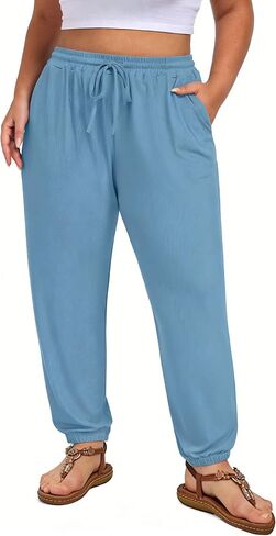Ninee Plus Size Tapered Pants for Women High Stretchy Waisted Casual Loose Fit 2026 Beach Trousers with Pockets in Saudi Arabia