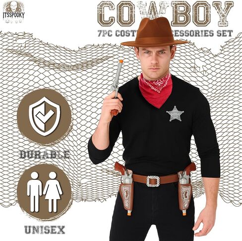 7Pc's Cowboy Costume Set for Adults & Teens – 2 Toy Prop with Dual Holsters, Belt, Sheriff Badge & Bandana | Western Cowboy Dress-Up Accessories for Halloween, Role Play & Theme Parties in Saudi Arabia