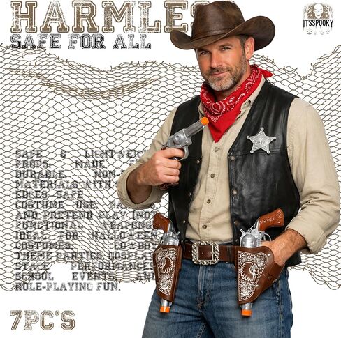 7Pc's Cowboy Costume Set for Adults & Teens – 2 Toy Prop with Dual Holsters, Belt, Sheriff Badge & Bandana | Western Cowboy Dress-Up Accessories for Halloween, Role Play & Theme Parties in Saudi Arabia