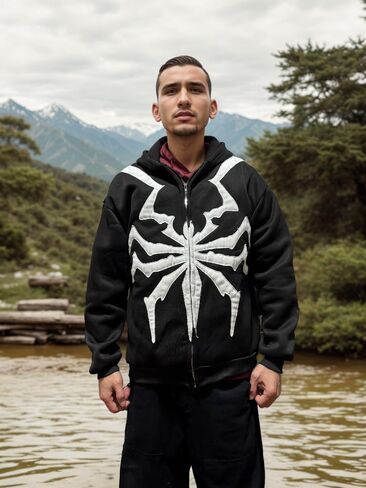 Unisex Gothic Spider Embroidery Hoodie Oversized Zip Up Sweatshirt Streetwear Y2k Dark Academia Jacket Back Graphic in Saudi Arabia