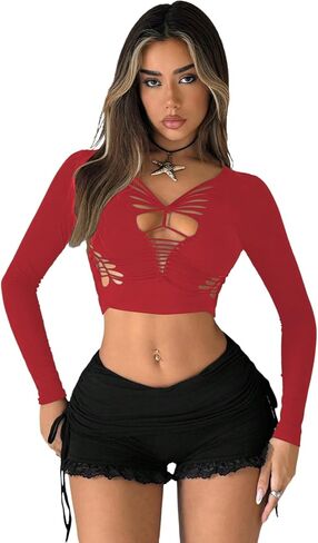 Milumia Women's Cut Out Deep V Neck Long Sleeve T Shirt Y2K Rave Going Out Party Club Crop Tee Tops in Saudi Arabia
