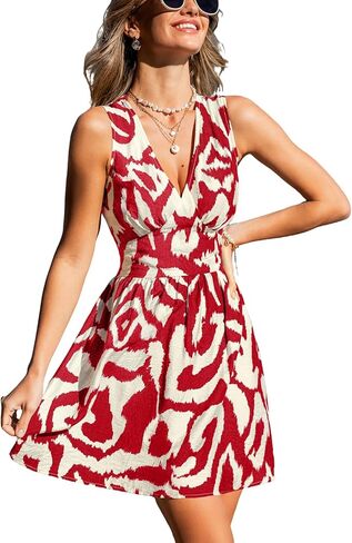 CUPSHE Women's Summer Mini Dress V Neck Sleeveless High Waist Abstract A Line Smocked Sundress Beach Vacation Short Dresses in Saudi Arabia