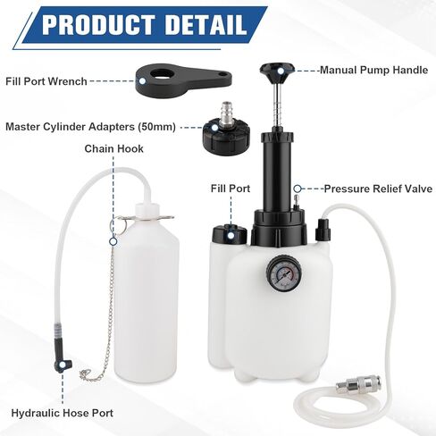 مجموعة نزف الفرامل 3 لتر مع زجاجة نزف السوائل 1 لتر، مجموعة نزف الفرامل اليدوية مع محول الأسطوانة الرئيسية (50 مم)، مجموعة مضخة تفريغ الفرامل النازفة المقاومة للتسرب مناسبة لمعظم المركبات in Kuwait