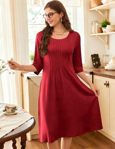 MAKABO Women's 2026 Women's House Sleep Dress with Pockets Moo Moo Pleated Crew Neck Nightgowns Mumu Dresses with 3/4 Sleeves in Saudi Arabia