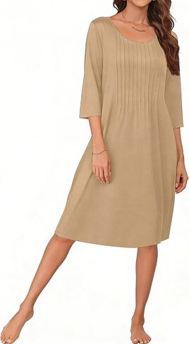 MAKABO Women's 2026 Women's House Sleep Dress with Pockets Moo Moo Pleated Crew Neck Nightgowns Mumu Dresses with 3/4 Sleeves in Saudi Arabia