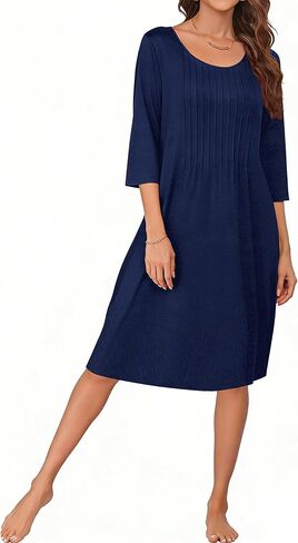 MAKABO Women's 2026 Women's House Sleep Dress with Pockets Moo Moo Pleated Crew Neck Nightgowns Mumu Dresses with 3/4 Sleeves in Saudi Arabia