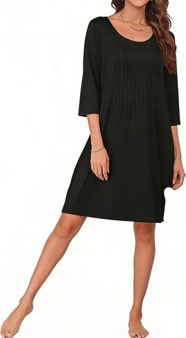 MAKABO Women's 2026 Women's House Sleep Dress with Pockets Moo Moo Pleated Crew Neck Nightgowns Mumu Dresses with 3/4 Sleeves in Saudi Arabia